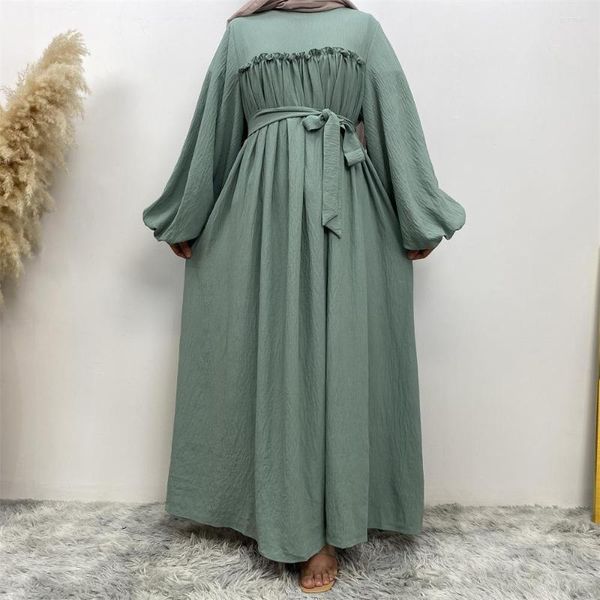 Abbigliamento etnico Chiuso Abaya Maniche a sbuffo Donne musulmane Abito lungo Tinta unita Islamico Dubai Hijab turco Abito con cintura Modestia Ramadan