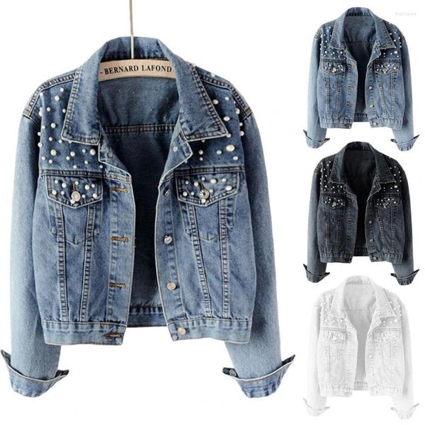 Damenjacken Frauen Denim Jacke Einfarbig Einreiher Kurze Perlen Dekor Langarm Strickjacke Imitation Perle Herbst Mantel Weiblich