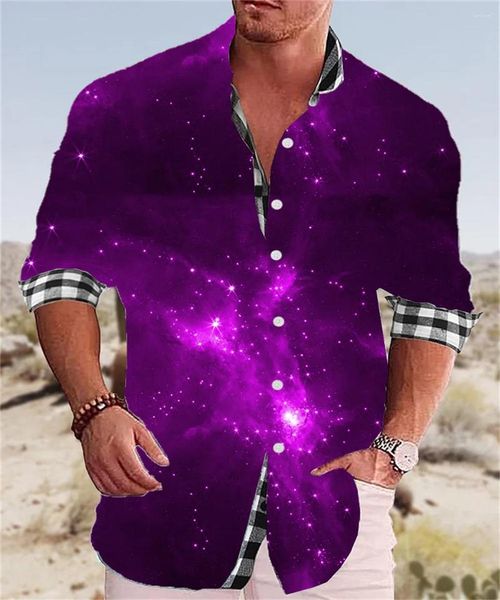 Camicie eleganti da uomo Camicia alla moda Cielo stellato Viola Blu Grafica HD Casual Party Trend Alta qualità Tessuto morbido e confortevole Risvolto 2023