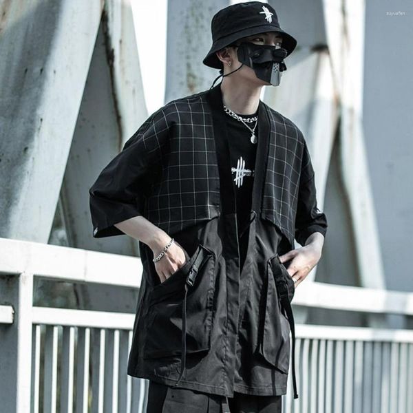 Männer Jacken Harajuku Männer Taoistischen Roben Techwear Plaid Bänder Patchwork Robe Hip Hop Casual Vintage Strickjacke Frauen Streetwear