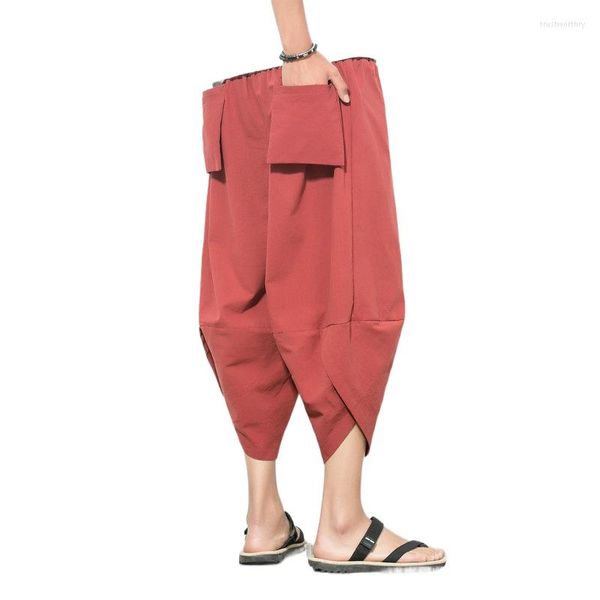 Мужские шорты летние льняные брюки с твердым цветом рыхлый хлопок широкий ноги Haren Multi-карманное украшение большого размера многоцветное