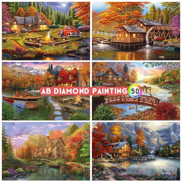 Pintura de diamante AB Pintura de diamante 5D House Mosaic Mountain Picture Strass Cenário de outono Natureza Decoração de casa Full Drill DIY Adesivos de parede 230714