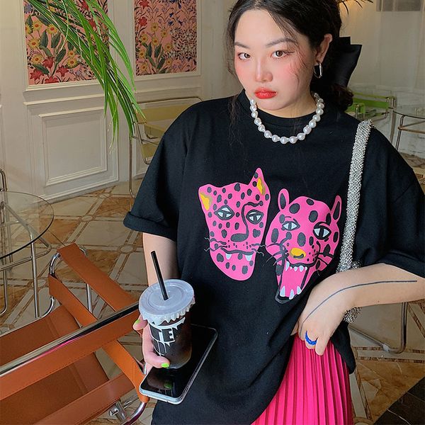 Kadın T-Shirt Kpop Pembe Leopar Baskı Kadınlar Yaz Sokağı Moda Siyah T-Shirt Kısa Kollu Gevşek Pamuk Top 90S Y2K T-Shirt 230717