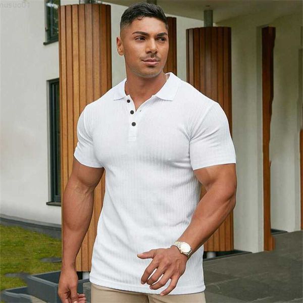 T-shirts masculinas Running Gym T-shirt Men Turn Neck manga curta camisa pólos de malha Esportes Slim Fit Camisa Fitness Bodybuilding Workout Clothing L230715