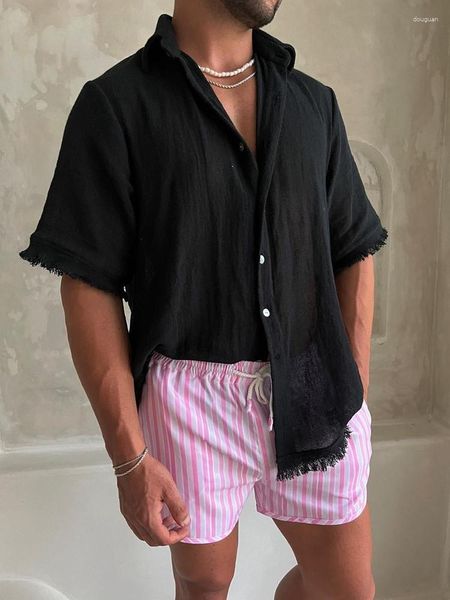 Camicie casual da uomo 2023 Camicia di lino in cotone Camicetta mezza manica estiva da uomo Camicetta da spiaggia per il tempo libero Hawaii Magliette retrò Abbigliamento maschile
