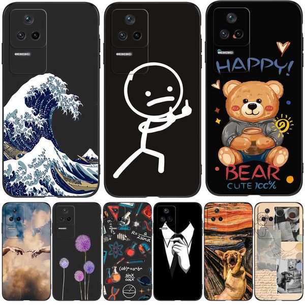 Para Xiaomi POCO F4 5G Capa traseira do telefone Tpu Soft Silicone Protetor Bumper Black Dog Cat Flower Pattern