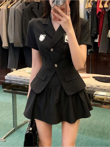 Sıradan Elbiseler Kore Moda 2 Parça Setleri Etek Kadın Kıyafet Y2K mahsul üstleri yüksek bel mini vintage siyah okul üniforma takım 2023