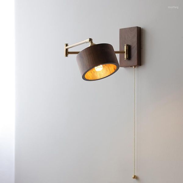 Lampada da parete IWHD Walnut Ash Wood LED Sconce accanto a Pull Chain Switch Plug In Home Illuminazione per interni Specchio per bagno Luce per scale