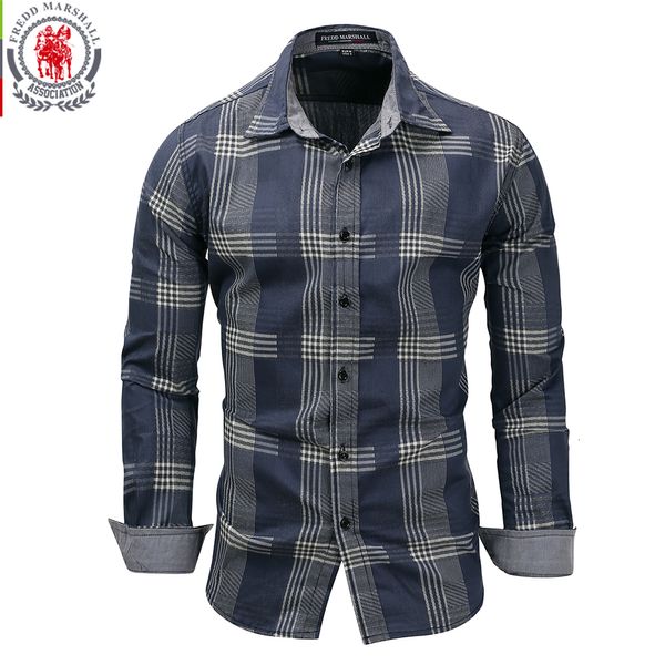 Magliette da uomo Fredd Marshall Camicia da uomo a maniche lunghe patchwork scozzese in denim 100 camicie sociali da uomo in cotone di marca Abbigliamento 230715