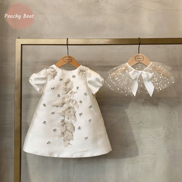 Abiti da ragazza Neonata Principessa Abito di seta Infantile Bambino Bambino Perla Perline Fiore Pizzo Vestido Festa Spettacolo Compleanno Vestiti per bambini 1-12Y 230714