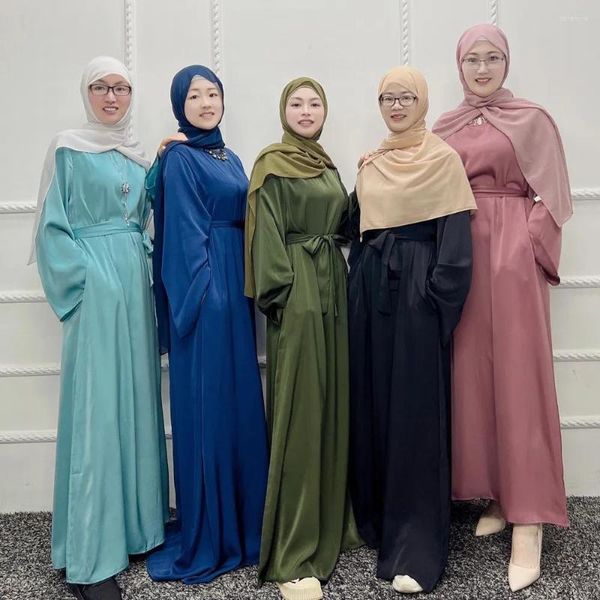 Roupas Étnicas Satin Abaya Muslim Vestido Longo Feminino Simples Eid Ramdan Hijab Robe Islâmico Dubai Turco Modéstia Kaftan Árabe Femme