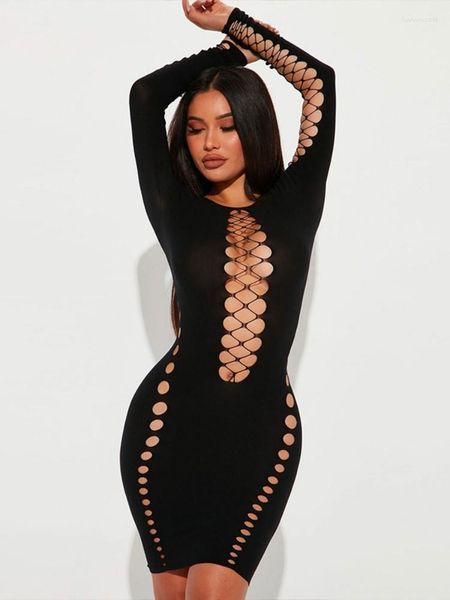 Casual Kleider 2023 Frauen Langarm Cut Out Loch Sexy Durchsichtig Mini Kleid Sommer Mode Kleidung Urlaub Nachtclub