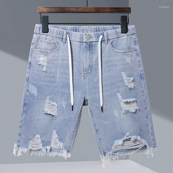 Jeans masculinos 2023 Little Cow Summer Elastic Waist Denim Shorts solto alto confortável calça média da cintura