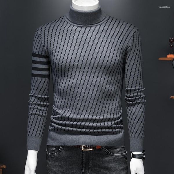 Männer Pullover Rollkragen Streifen Kontrast Farbe Pullover Herbst Langarm Druck Pullover Männer Kleidung Sozialen Kleid Hemd Streetwear