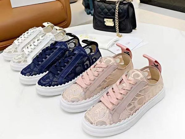 2023 c h l o e clássico renda designers sapatos verão rendas bordado plana tênis casual esporte sneaker grosso sola malha moda marca de luxo mulheres malha tênis