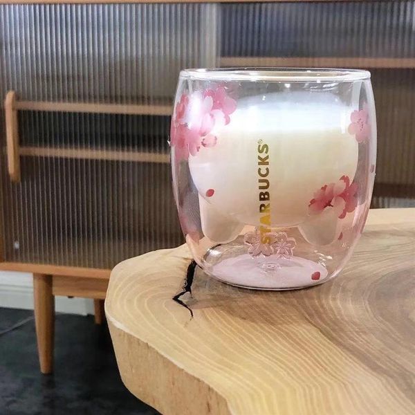 Starbucks Limited Eeition Sakura Cattail Mugs Kahve Kupa Oyuncakları 6oz Pembe Çift Duvar Cam Kupası228J