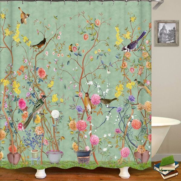 Cortinas de chuveiro Flor de estilo e pássaros de estilo chinês Cortinas de chuveiro Cortina de banheira Decoração de banheiro à prova d'água com ganchos Cortina de banheira de impressão 3D 230714