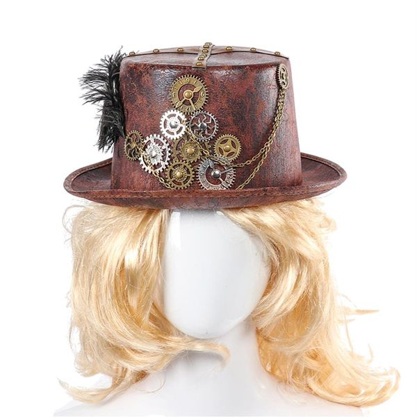 Steampunk Retro Hats Carnival Cosplay Bowler Gear Chain Feather Decor Party Caps Halloween Brown Round Top Hats For Men Women T200253N