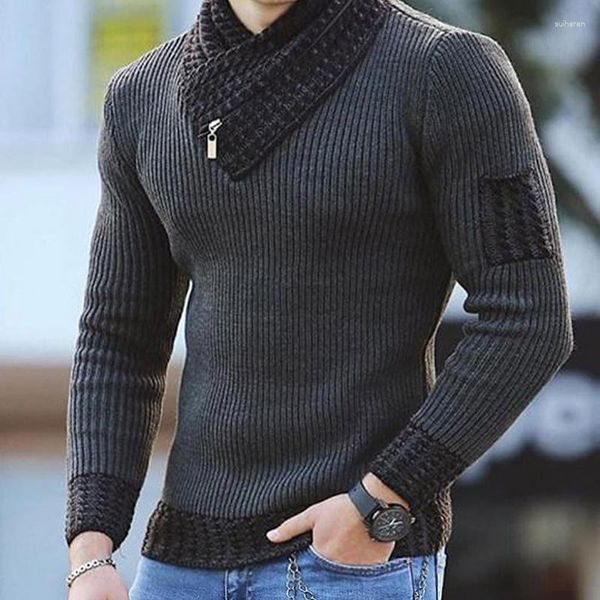 Suéter masculino primavera pulôver gola alta patchwork casaco casual manga longa 2023 moda roupas masculinas