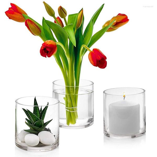 Vasos de cilindro de vidro de flores decorativas com 4 polegadas de altura - Multiuso: suportes de velas flutuantes para velas de pilar ou peças centrais de casamento para vasos de flores