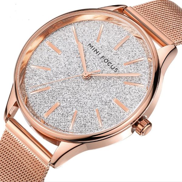 Lüks Mini Focus Marka Parlak Dial Womens Watch Japonya Kuvars Hareket Paslanmaz Çelik Mesh Band 0044L Ladies Saatler Direnç231n Wear