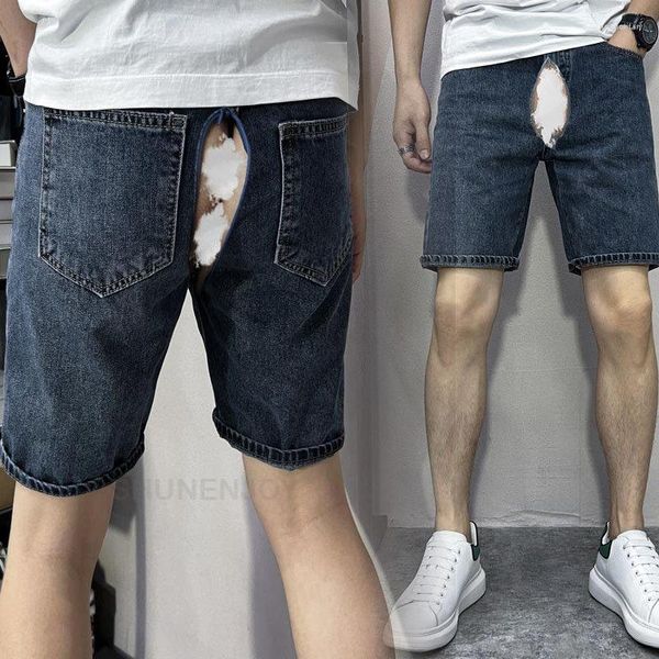 Shorts jeans masculino verão fino invisível calças abertas quinto versátil jeans simples retrô casual sexo ao ar livre