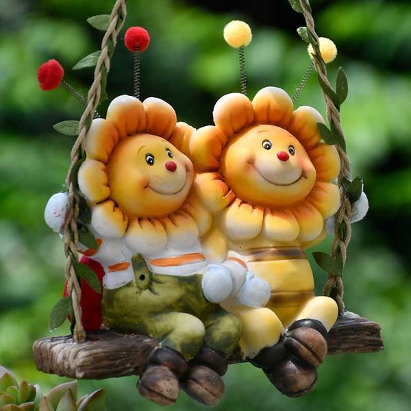 Decorações de jardim Pastoral Cute Cartoon Resin Swing Sun Flower Adornos Art Outdoor Garden Tree Sculpture Crafts Park Villa Estatuetas Decoração L230715