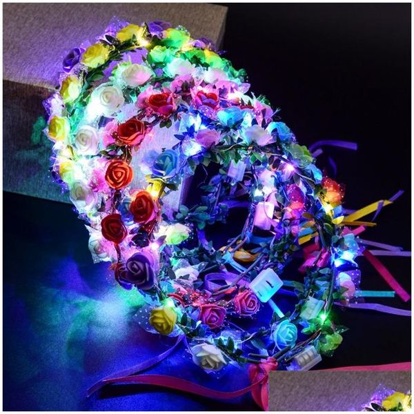 Ghirlande di fiori decorativi Nuovo stile Ghirlanda di fiori a led Abito Ghirlanda di capelli Nuziale Damigella d'onore Corona floreale Hawaii Vacanza al mare De Dhkxr