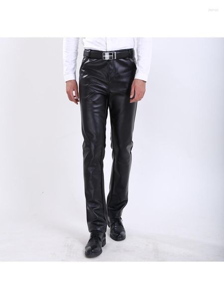 Calças masculinas outono e inverno estilo coreano slim fit couro justo motocicleta elegante simples moderno couro pu