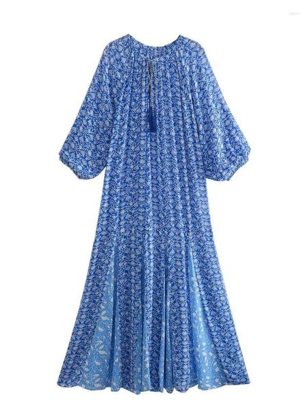 Повседневные платья yenkye 2023 Женщины Молики O o ece blue printed long dress vintage pufle rick