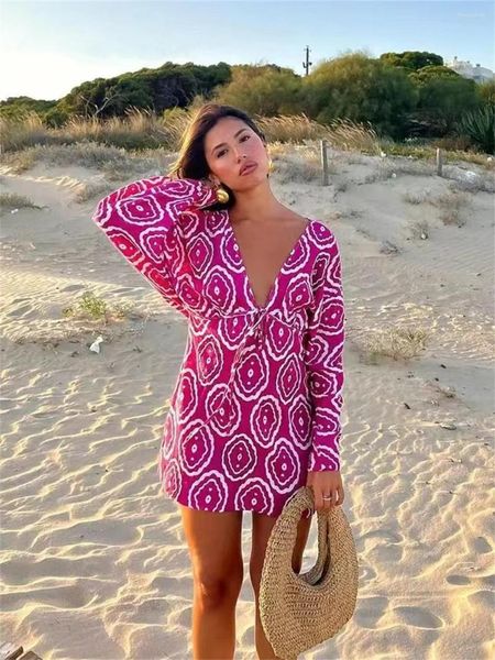 Lässige Kleider Elegantes Minikleid mit geometrischem Druck für Frauen Sommer Rose Rot Tiefer V-Ausschnitt Langarm Schnürung Lose Strandurlaub Robe