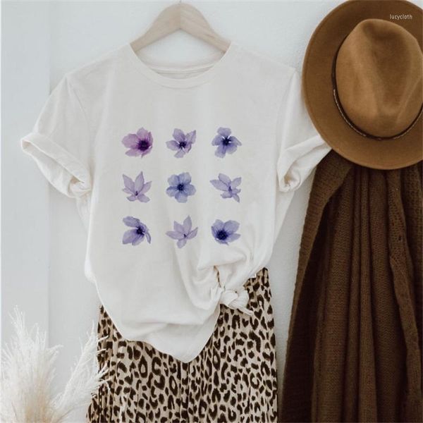 Damen-T-Shirts, süßes T-Shirt, lustiges Muster, schöne lila Blumenkleidung, Sommer, kurzärmelig, Weiß, Übergröße