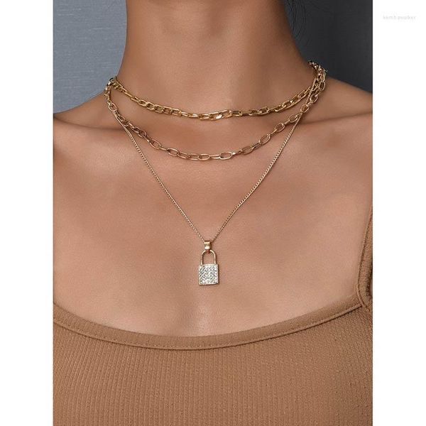 Anhänger Halsketten ALYXUY Drei Schichten Mode Kristall Schloss Vorhängeschloss Charme Halskette Kette Frauen Mädchen Schmuck Geschenk