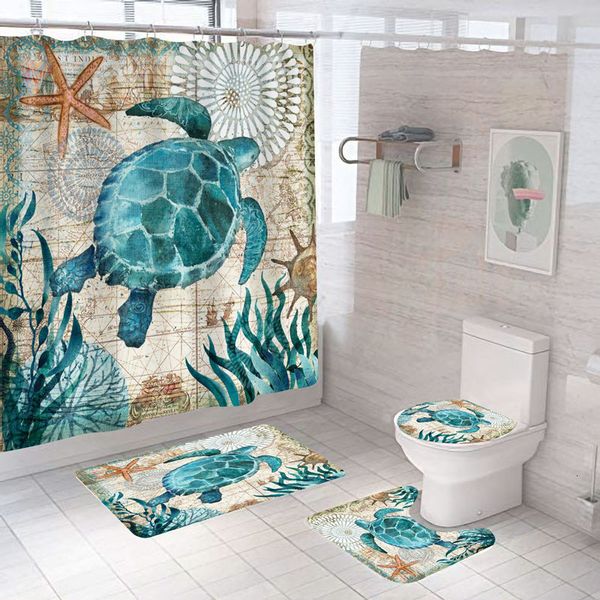 Cortinas de Chuveiro Sea Turtle Print Cortina de Chuveiro Tecido de Poliéster À Prova D' Água Vida Marinha Cortinas de Banho Para Casa Banheiro Banheira Decoração com Ganchos 230714