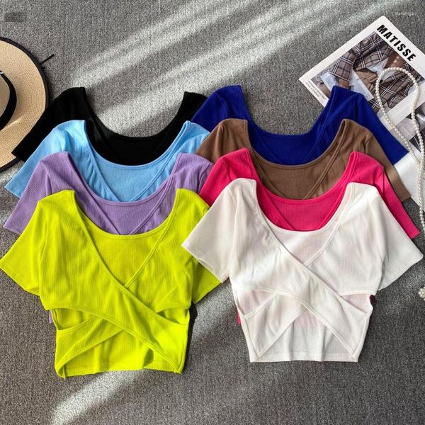 Camisetas femininas Sexy Basic Slim Backless Tshirt Moda Coreana Crop Top Sólido com Decote em V Camisetas Femininas Casual Roupas de Verão