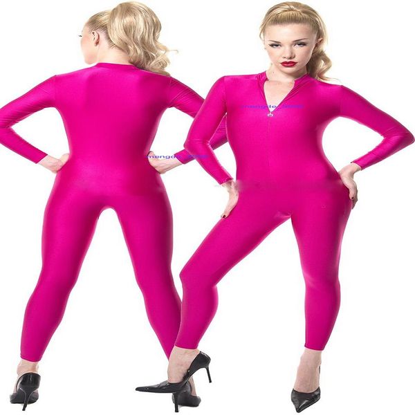 Pembe Lycra Spandex Catsuit kostümü ön fermuarlı unisex seksi bodysuit yoga kostümleri kıyafet yok kafa eli cadılar bayramı partisi fantezi 222w