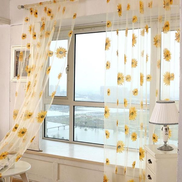 Perde 1pcs Ayçiçeği Pencere Oturma Odası Yatak Odası Voil Tül Sheer Kapalı Drapes Paneller Tedavi