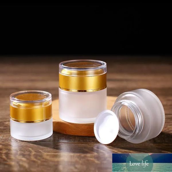 Bottiglie di crema per barattoli di vetro smerigliato all'ingrosso Vasetti cosmetici rotondi Bottiglia di crema per il viso a mano Vasi da 20g-30g-50g con tappo in acrilico oro / argento / bianco Fodera in PP