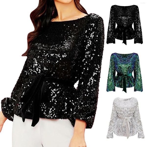 Maglioni da donna Top in vita con paillettes Fashion Party Pullover Top con cinturino in velluto Top da donna Bianco