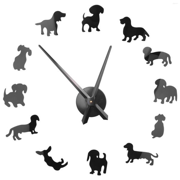 Orologi da parete Fai da te Bassotto Art Wiener-Dog Puppy Dog Pet Orologio gigante senza cornice con effetto specchio Orologio salsiccia nero