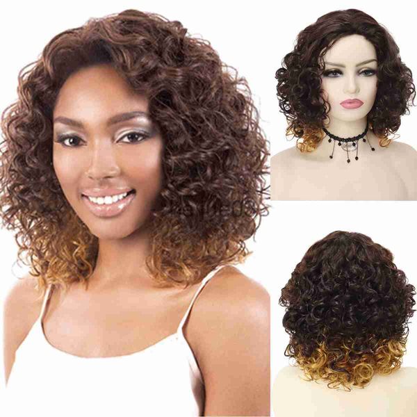 Perucas Sintéticas GNIMEGIL Sintéticas Afro Kinky Curly Wigs para Mulheres Negras Highlight Wig Bob Brown Wig Curlys Estilo Africano Peruca Natural Africana x0715