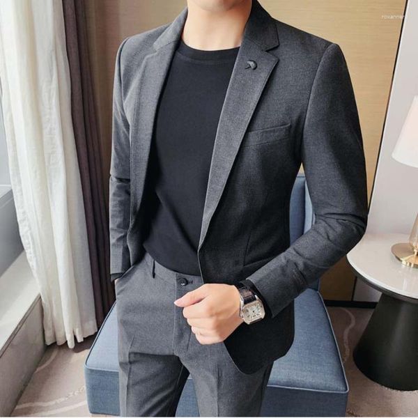 Ternos masculinos (calças de jaqueta) Fashion Pure Color Leisure Grey Blue Black Slim Fit Men Business Banquet Terno Set Plus Size S-4XL