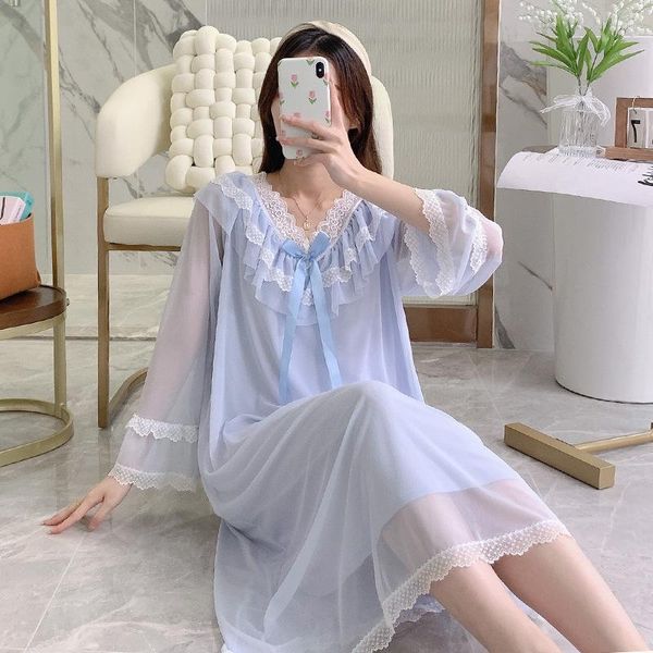 Roupa de Dormir Feminina Vintage Mesh Vestido de Noite Feminino Princesa Robe Roupa de Noite Sexy Decote em V Manga Completa Camisola Fada Camisola Longa