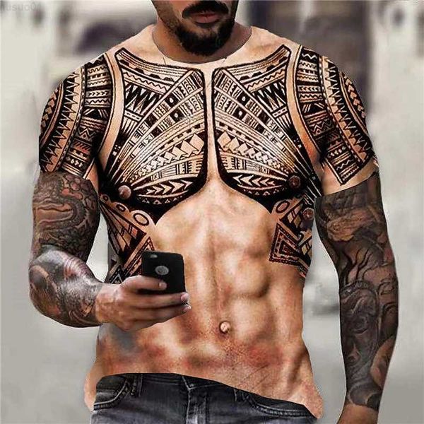 Camisetas Masculinas Impressão 3D Muscle Tattoo Pattern Men Sexy T-shirt Slim Manga Curta Gola Redonda Tee Tops Moda Verão Engraçado Masculino TShirt Oversized L230715