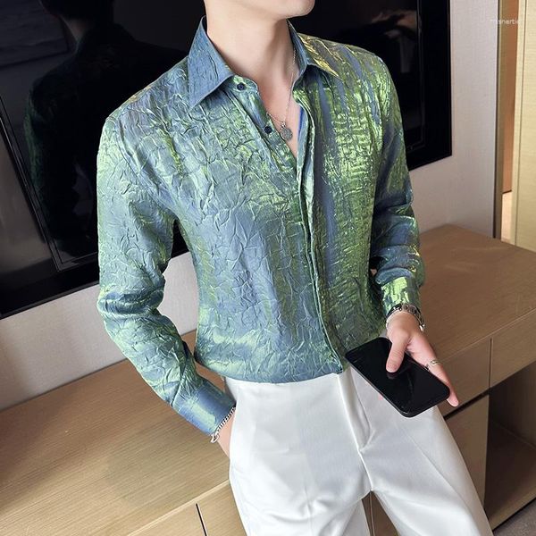 Camisas casuais masculinas gradiente luxo gelo seda lisa cetim coreano moda homem roupas elegantes para homens jovens roupas de festa clube produtos incomuns