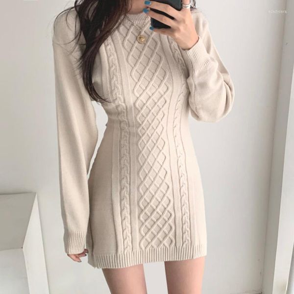 Casual Dresses Herbst Sexy Slim Hollow Open Taille Pullover Strickkleid Womans O Neck Twist Mini Wild Langarm Pullover Vestido Mujer