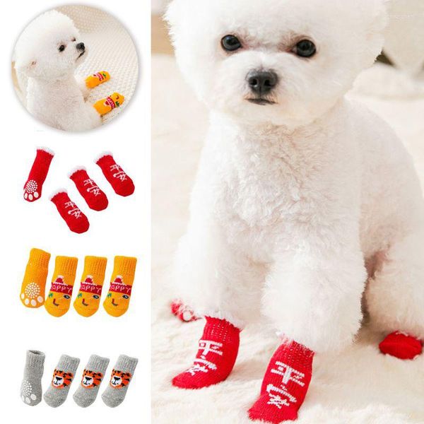 Köpek giyim 4pcs elastik karikatür köpekler SOCKS sevimli evcil örgü koruyucu ürünler için kaymaz baskılı ayakkabılar küçük ırklar