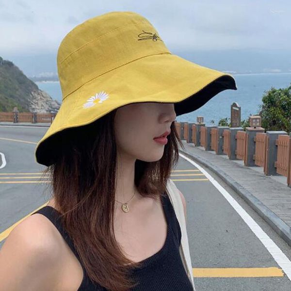 Boinas dupla face pequena margarida cor sólida chapéu de sol praia ao ar livre algodão chinês para proteção feminina verão panamá