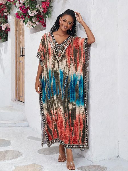 Abiti casual Tie Dye multicolore stampato scollo a V allentato abito da spiaggia per le donne 2023 manica a pipistrello causale Maxi Q1577