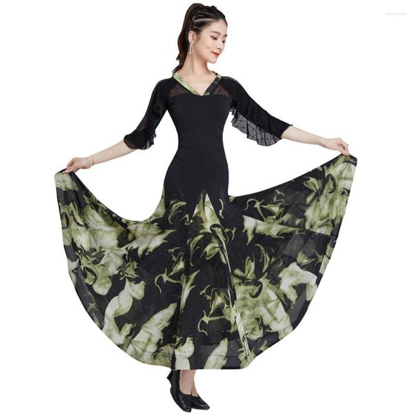 Стадия Wear Waltz Ballroom Dress Dress Standard Dance Performance Costume Outfit wears Printing Вечерние платья сетки с коротким рукавом